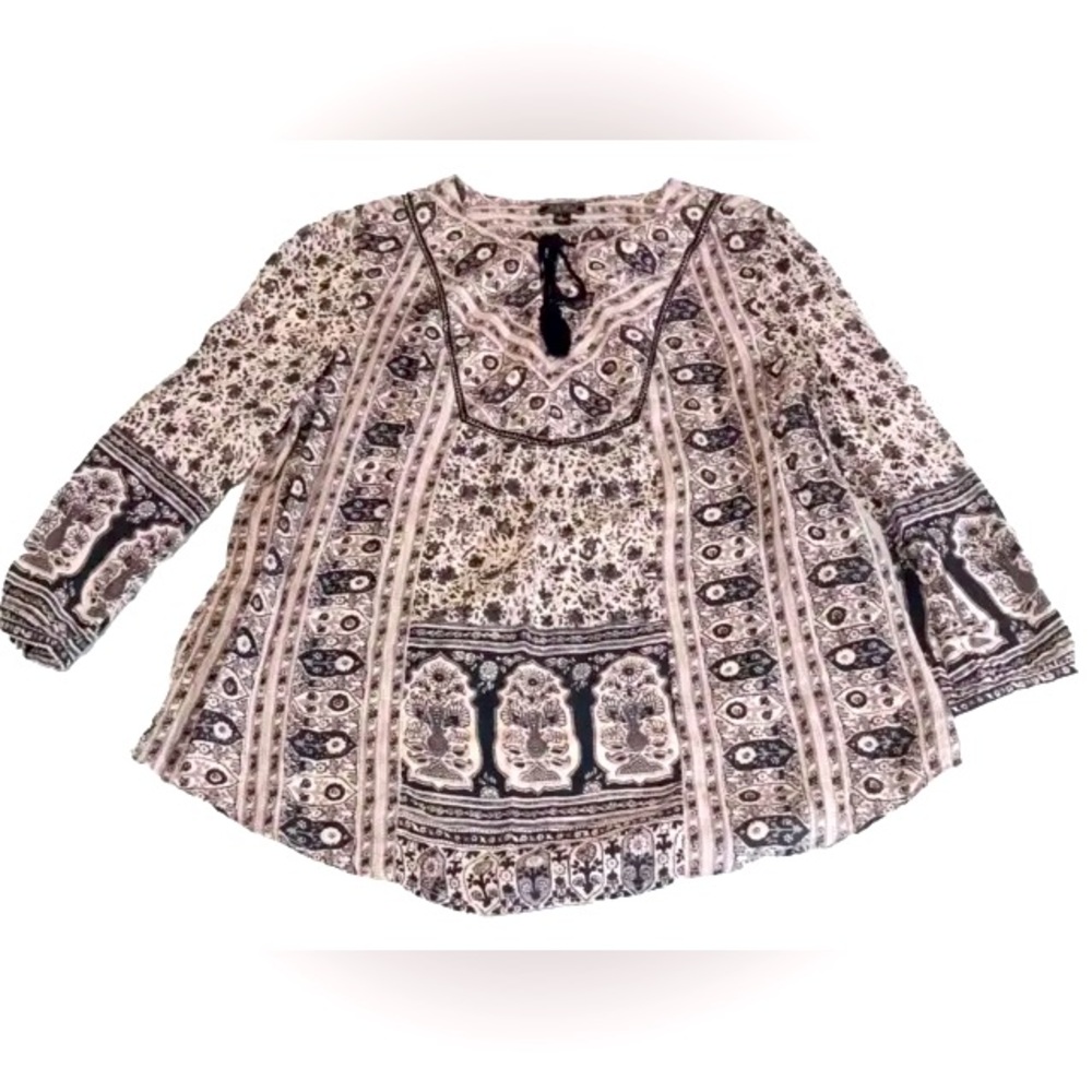LUCKY BRAND Womens Large Navy/White Scarf Floral Print Peasant Blouse Top